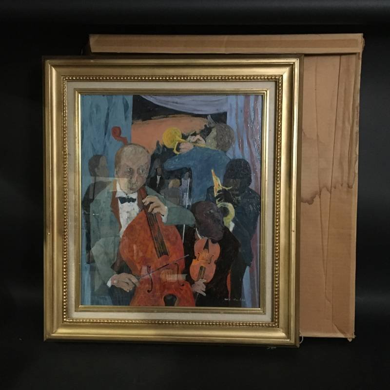 FG0915-11-3 輪違宜和 幕間の楽士 絵画 額装 光風会 会員 額71×63×6cm 絵53×45.5cm 160サイズ拍卖