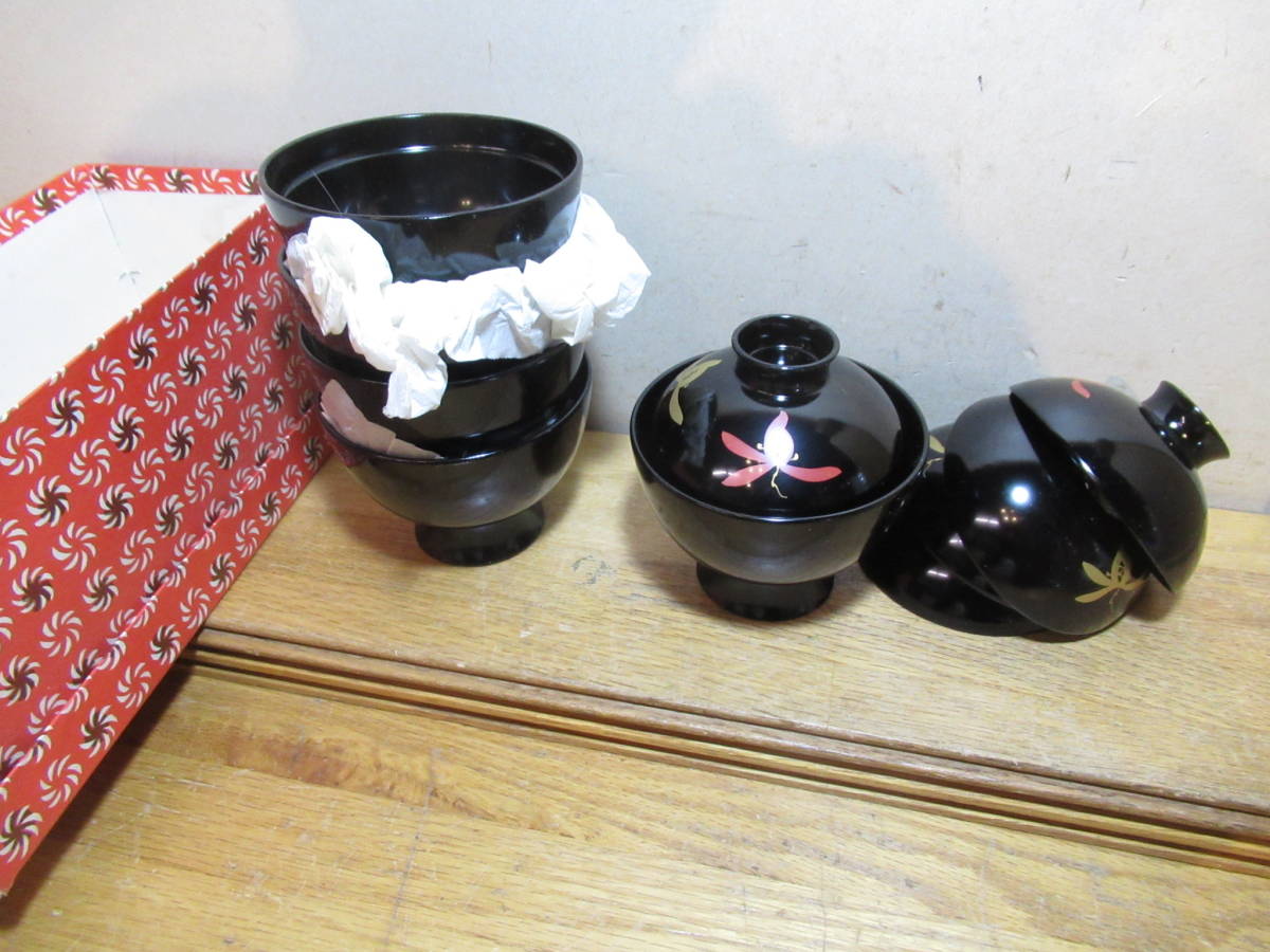 中古茶道具 漆器椀 5客組 紙箱 黒 樹脂生地 汁椀 (和食器 茶懐石器 拍卖