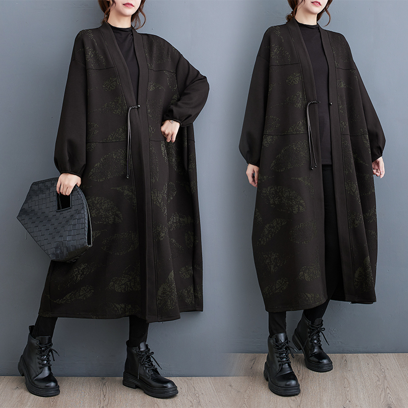 「同梱1万円送料無料」秋新作*カジュアル*ゆったり大きいサイズ*Vネック*プリント*カーディガン*コート*ロングワンピース*黒拍卖