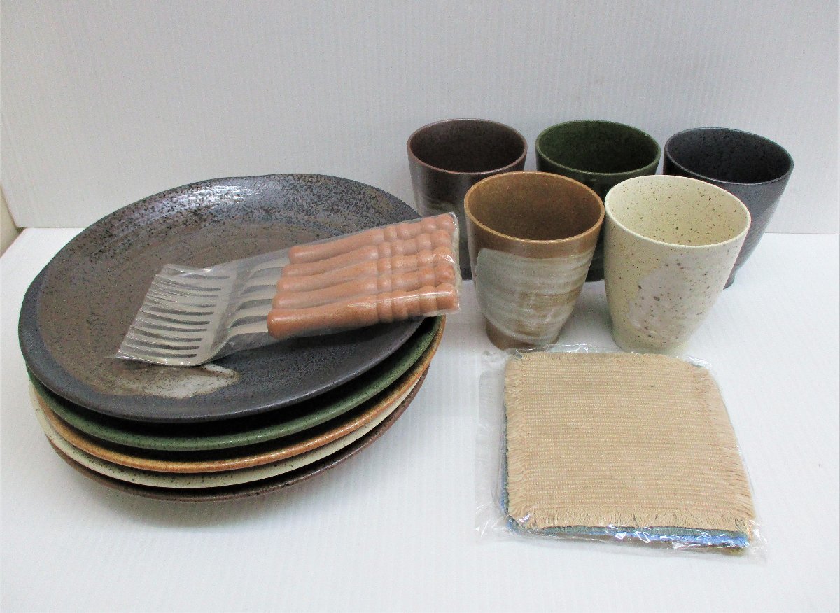 パスタ&フリーカップ 5客セット 皿 コップ フォーク コースター各5個セット φ22.5 × H3.3㎝ 未使用 94563 ★拍卖