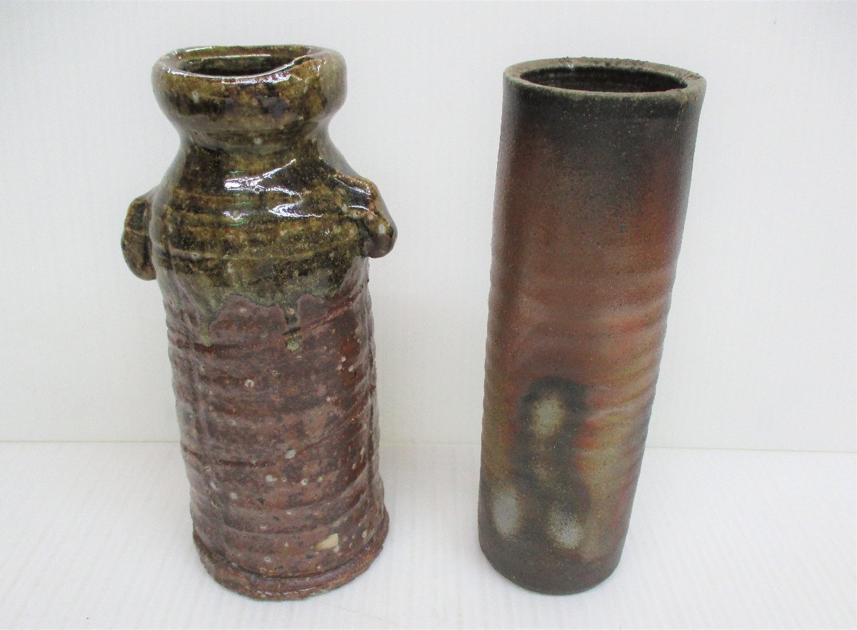 花器 信楽 / 備前 2点セット 高さ20cm 陶器 耳付 花瓶 花入れ 中古 90506★*拍卖