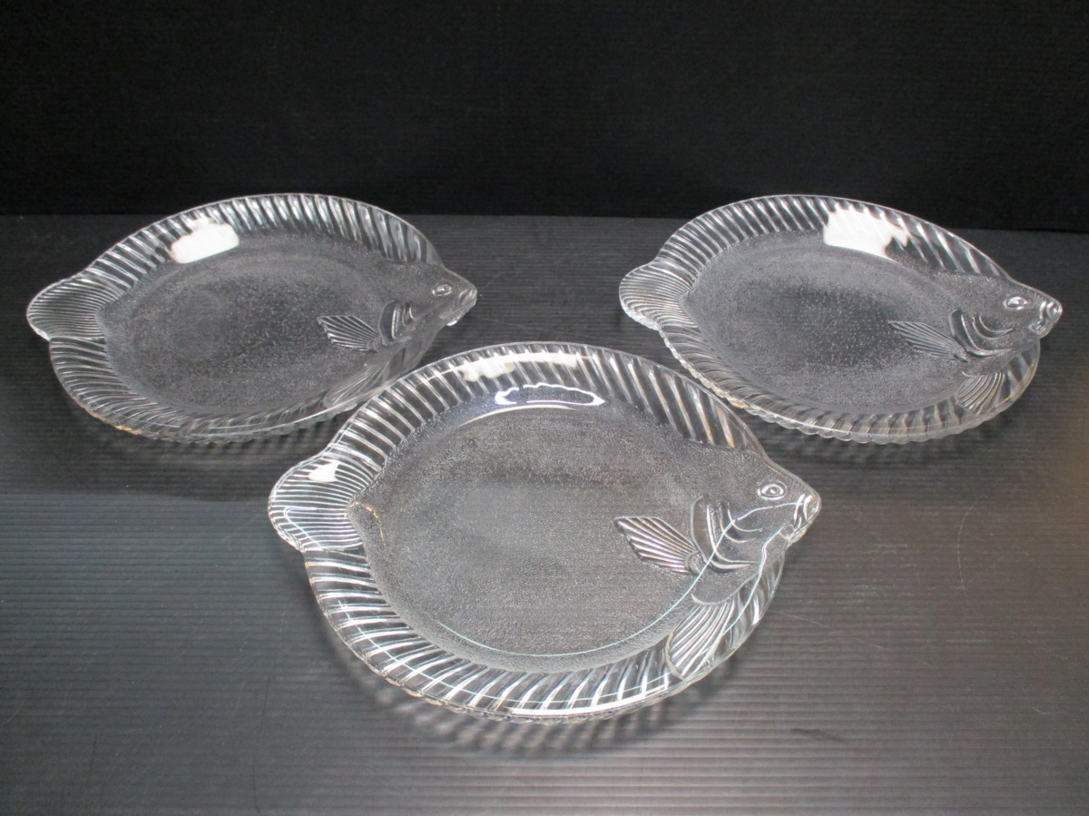 ★ 87357 ガラスプレート 大皿 3枚 カレイ 29.5 x 26 x 2.5cm 洋食器 ★*拍卖