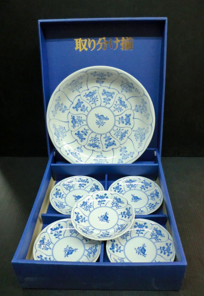 ★ 74493 庫山 前畑陶器 皿取り分け揃 窓絵草花 6点セット【 大皿φ27.3cm / 小皿φ13.5㎝ 】箱付 陶器 和食器 プレートセット 未使用 ★*拍卖