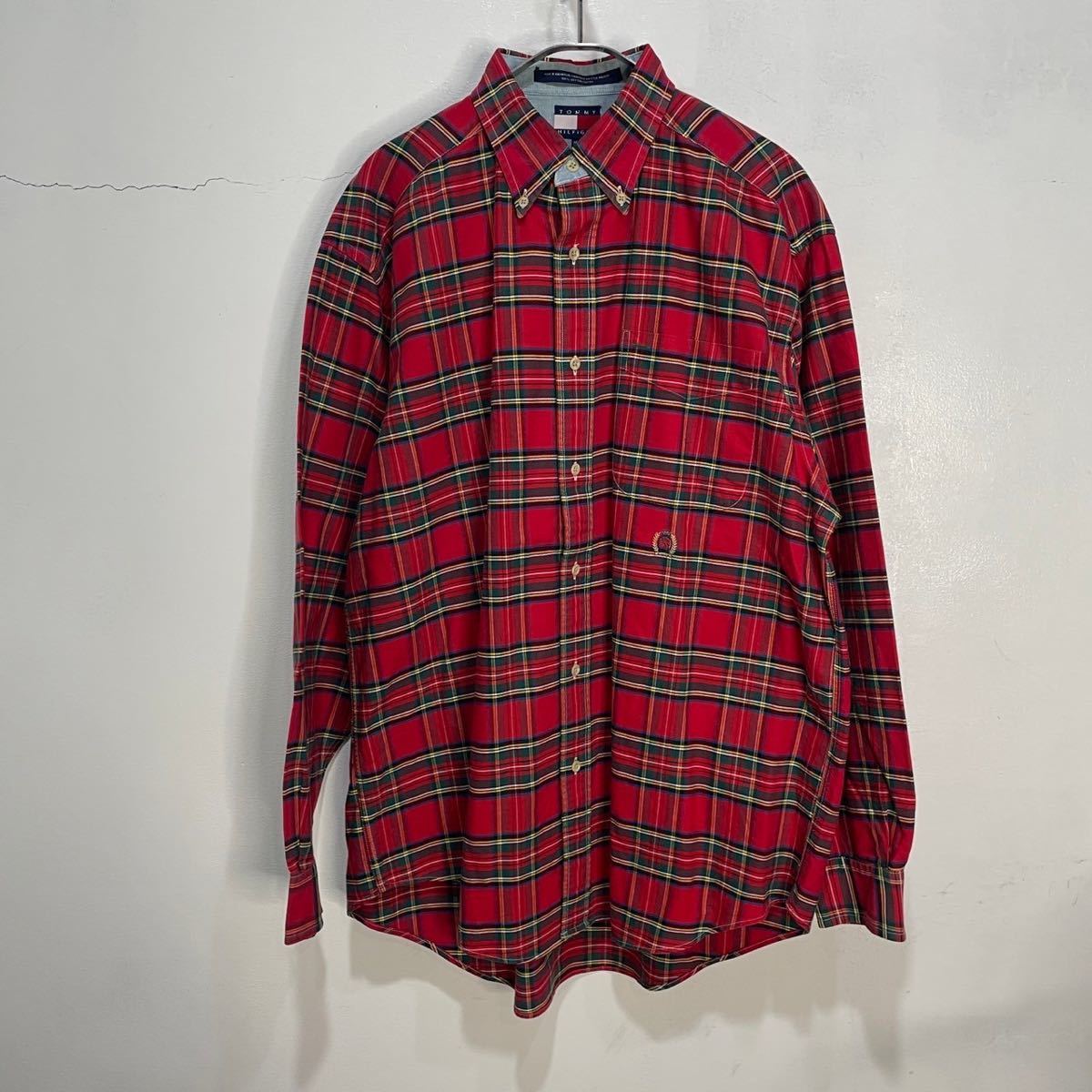 送料無料☆TOMMYHILFIGER☆トミーヒルフィガー☆90s☆タータンチェック柄ボタンダウン長袖シャツ☆ワンポイントロゴ☆レッド系☆M☆L23拍卖