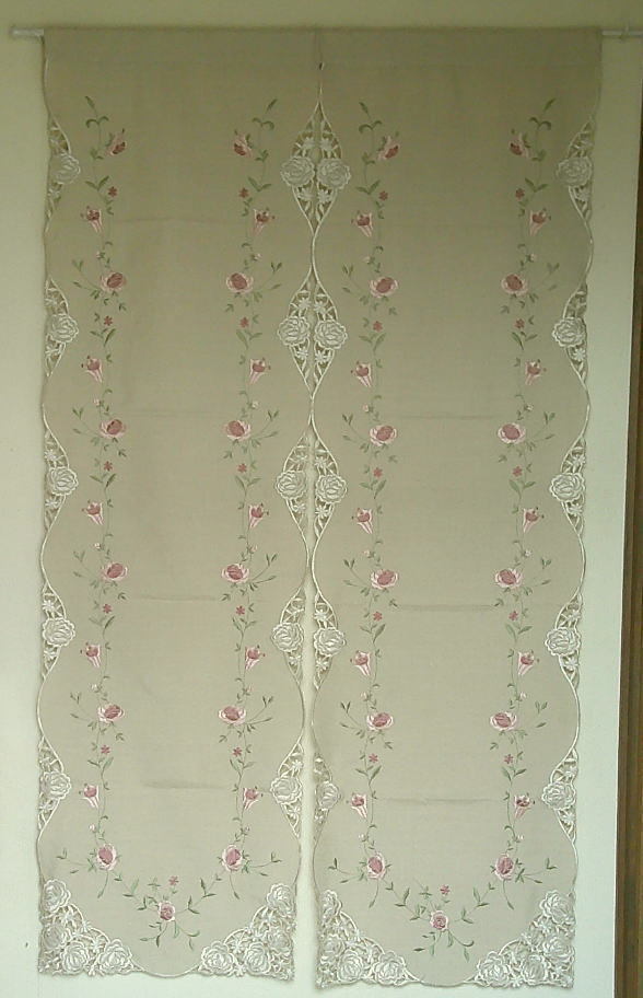 ローズ刺繍入りのれん85 x 150cm レース バラ 刺繍 ロングサイズ2つ割れFBN-0002B-ベージュブラウン系拍卖