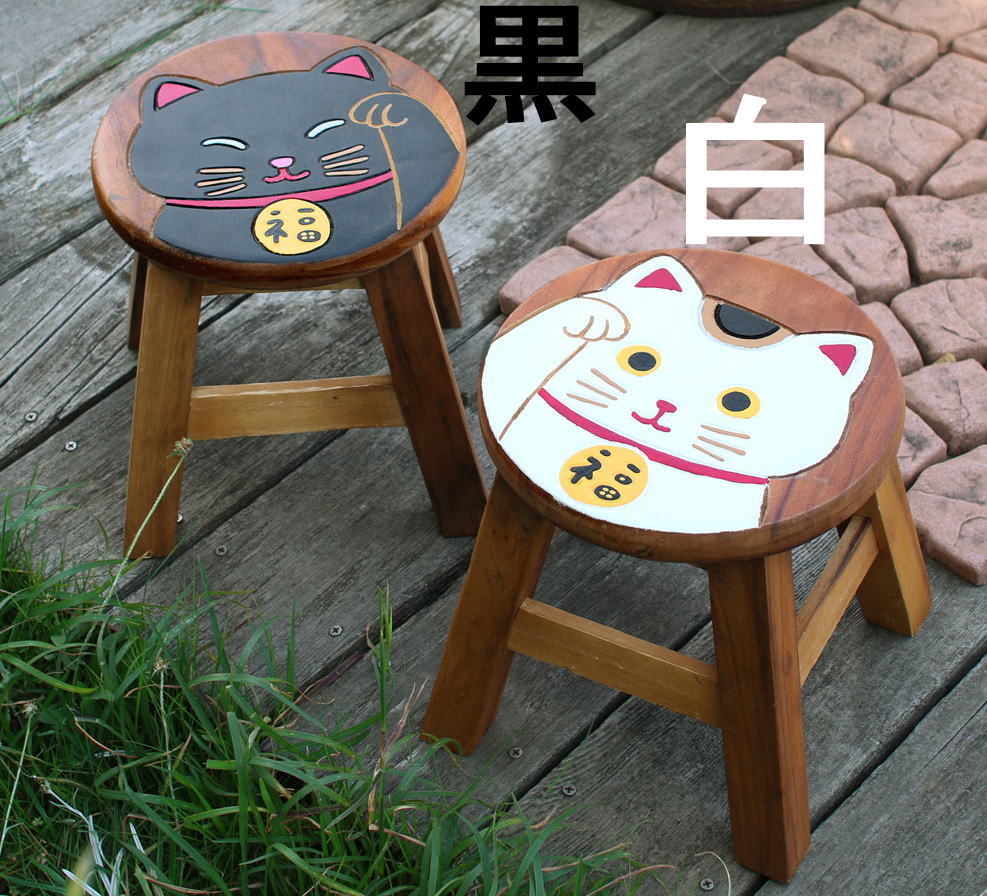 手作り 木製ウッドスツール ロータイプ 招き猫 色は白でお届けします。拍卖
