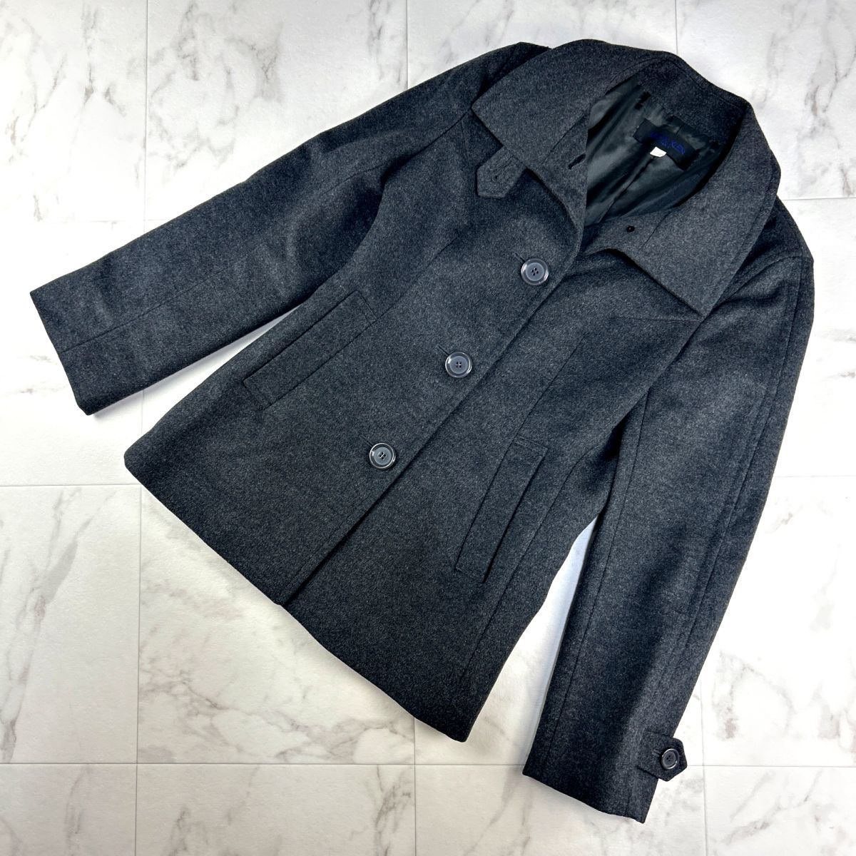 美品 MICHEL KLEIN ミッシェルクラン ウール100% デザインカラーコート アウター レディース ダークグレー サイズM*KC1357拍卖
