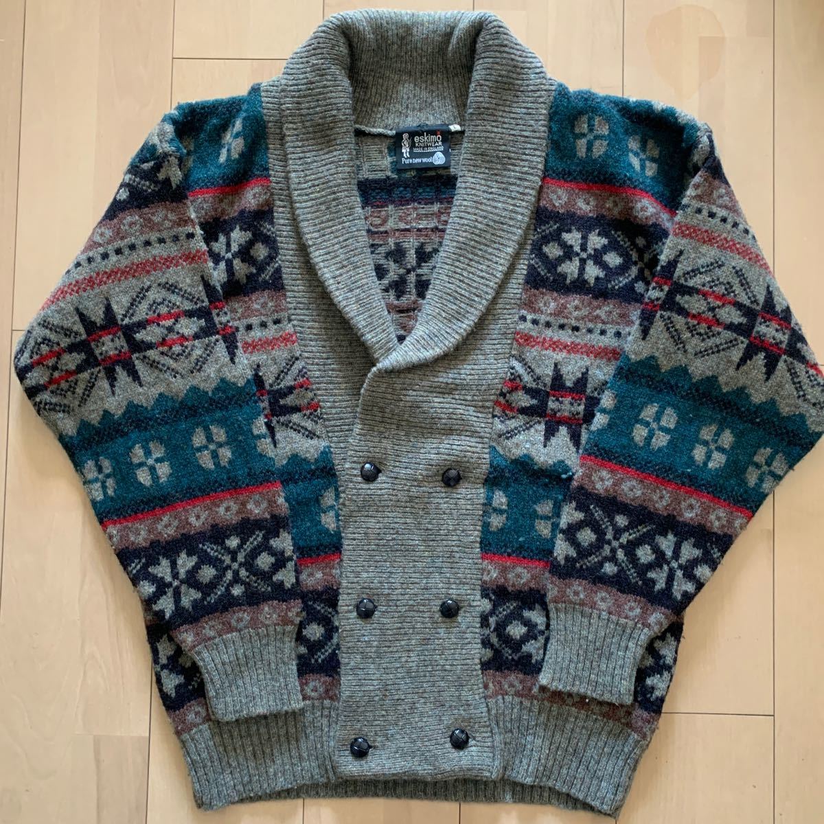 【eskimo KNITWEAR】エスキモー ニットウェア ショールカラー ニットカーディガン ダブル ENGLAND ノルディック柄 L 英国製 セーター 古着拍卖