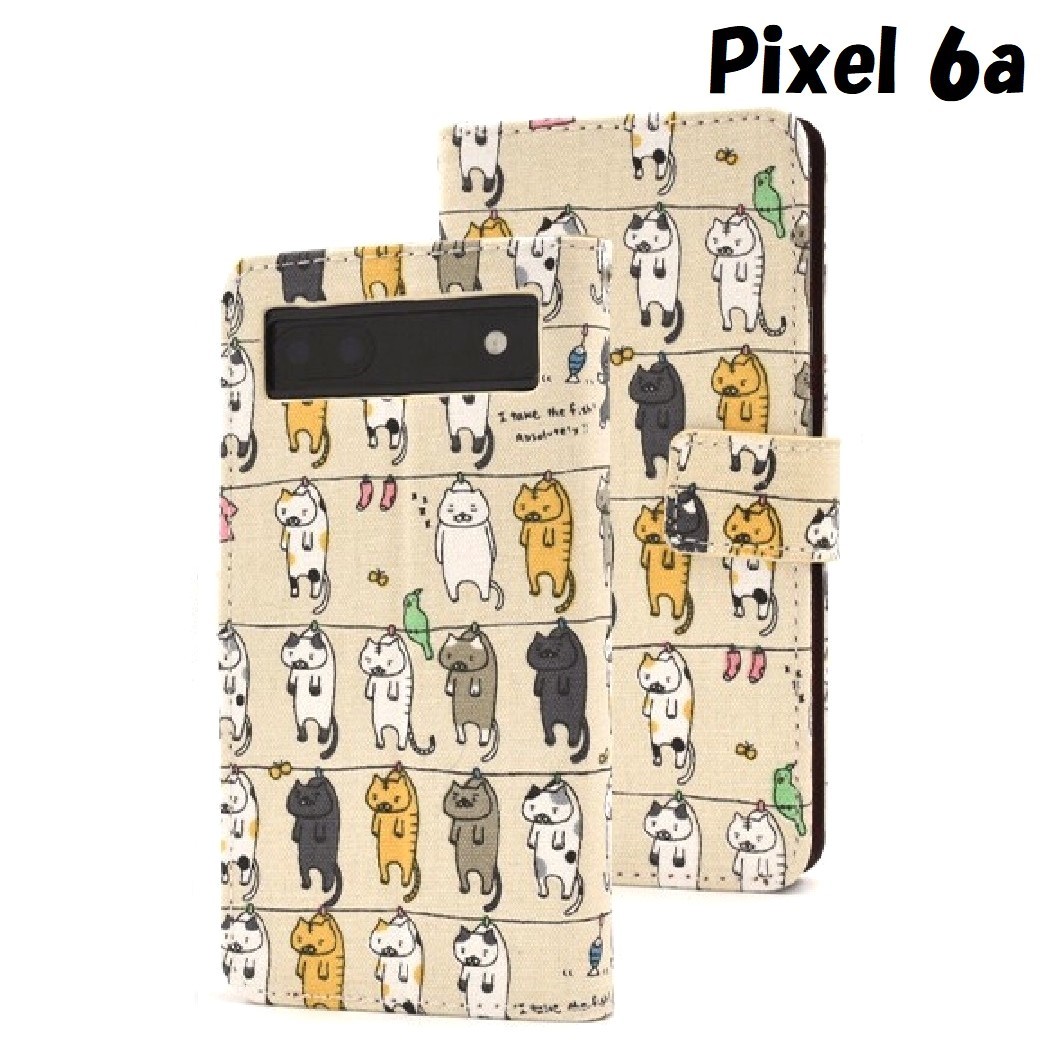 Pixel 6a:干され猫 にゃー!招き猫 手帳型 フリップ ケース★ライトベージュ拍卖