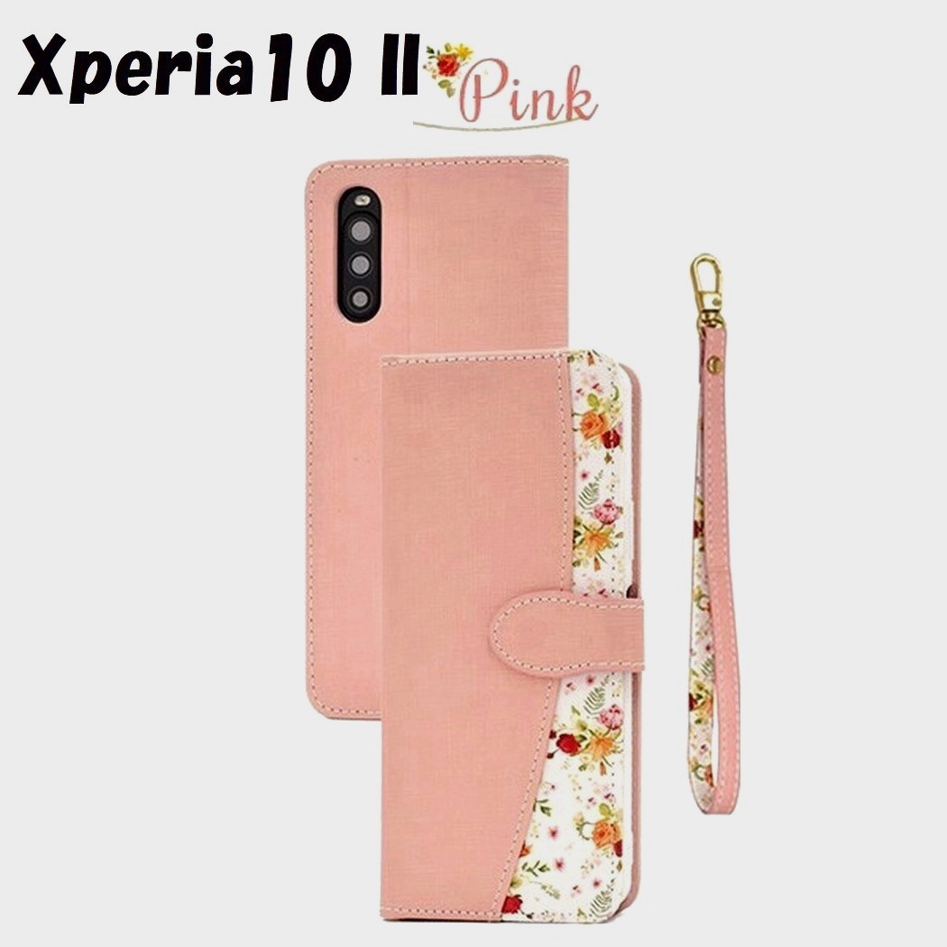 Xperia 10 II:無地×ブーケ フローラル 花束 小花柄 手帳型 ケース★ピンク 桃拍卖