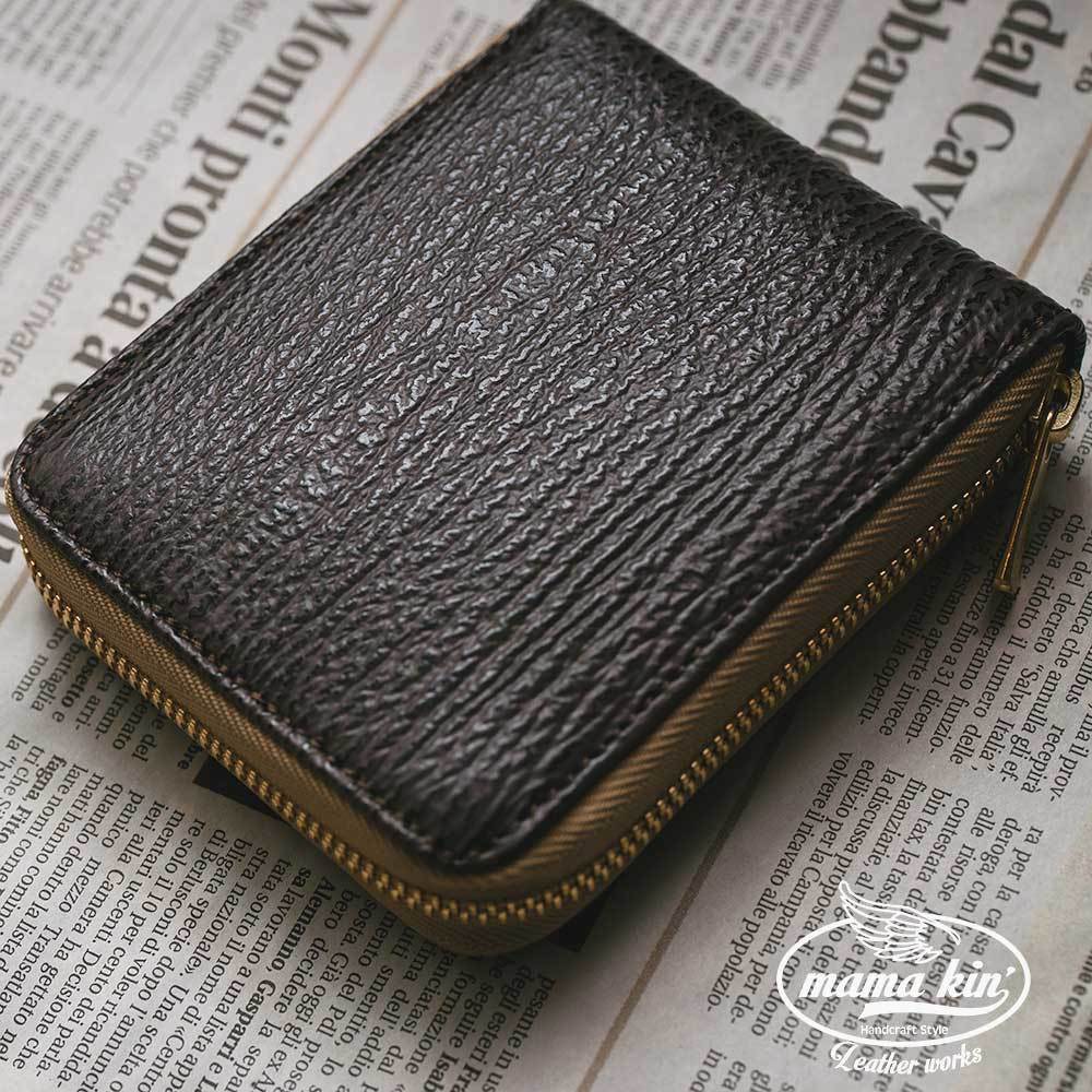 シャークスキン/ラウンドファスナー/サメ革/レザーウォレット/ヌメ革/カウレザー/二つ折り財布/df009sh24br拍卖