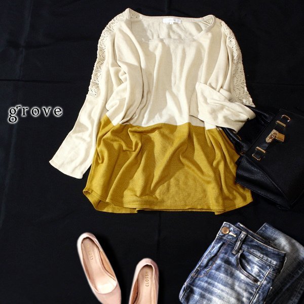 ☆☆ 美品 grove グローブ ☆☆ ゆったり可愛い バイカラー ☆ ウール混合 レースショルダー ニット プルオーバー M 春 秋 合服 23B12拍卖