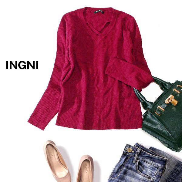 ☆☆ 美品 INGNI イング ☆☆ デザインVネック 綺麗め リブ・ストレッチ ニット プルオーバー M 秋 冬 23C12拍卖