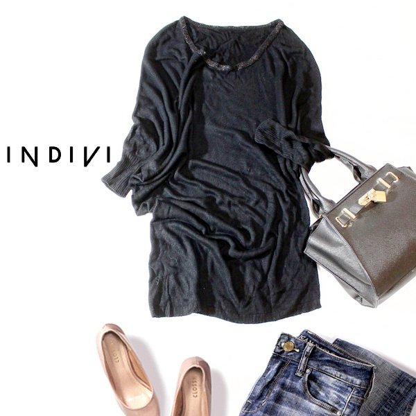 ☆☆ 美品 INDIVI インディヴィ 綺麗め ラメバイカラー シルク混紡 アシンメトリー ニット プルオーバー 38号 M 春 秋 合服 23B12拍卖