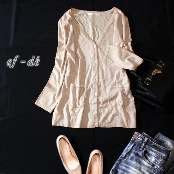 ☆☆ 美品 (株)フランドル ef-de エフデ ☆☆ 可愛いレースポケット ウール混紡 薄手ニット カーディガン 9号 M 春 合服 24A01拍卖