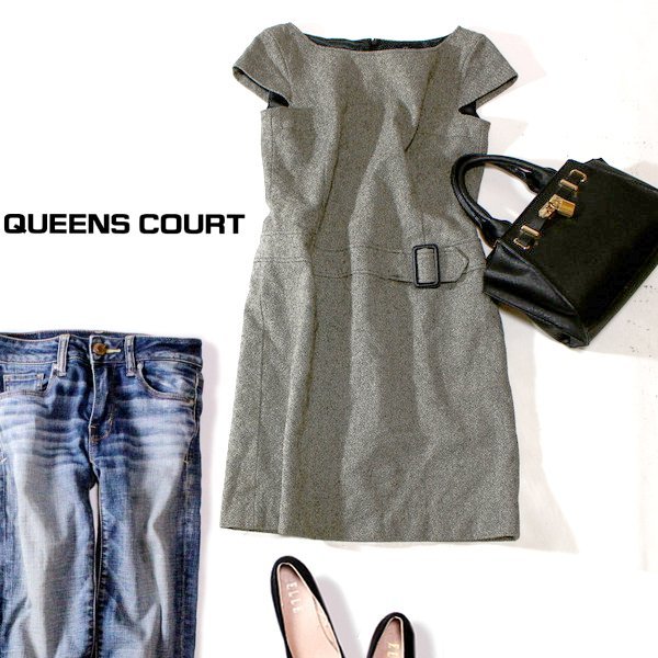☆☆ 美品 QUEENS COURT クイーンズコート ☆☆ 綺麗め 飾りベルト付き ウール ワンピース 2号 M 秋 冬 24A01拍卖