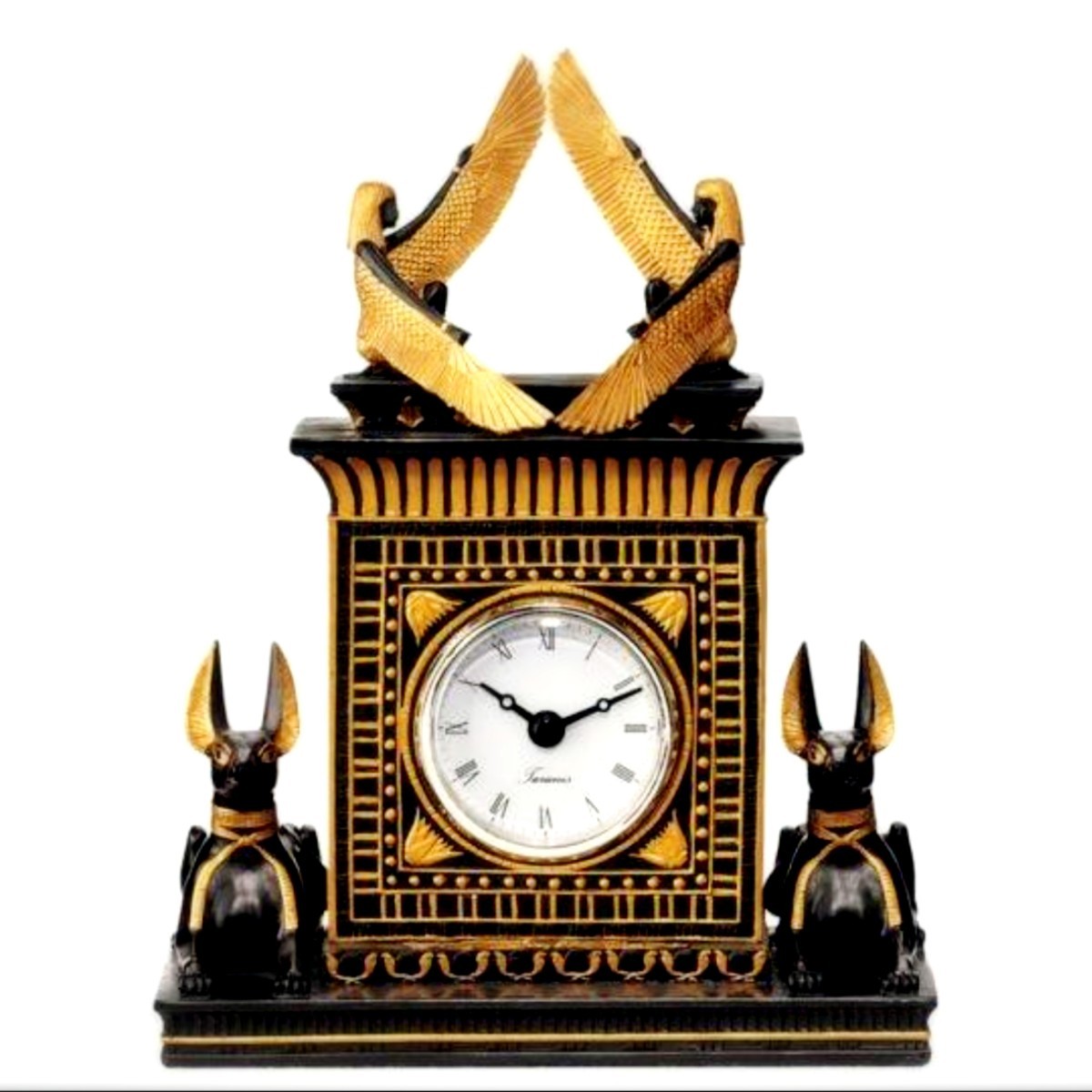 エジプト 置時計 神 女神 新品 置物 時計 神 翼 羽 オブジェ 黒 金 ゴールド ブラック インテリア アンティーク 骨董品 美術品 置き時計拍卖