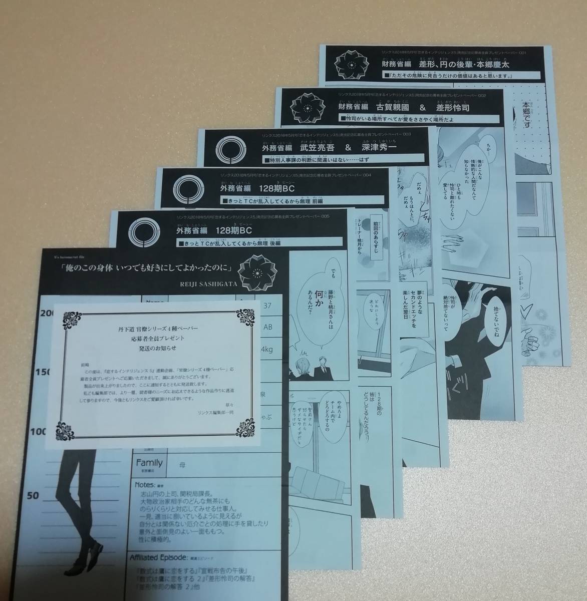 丹下道 『恋するインテリジェンス』 5巻 応募者全員サービス 全サペーパー 合計6枚セット★新品拍卖