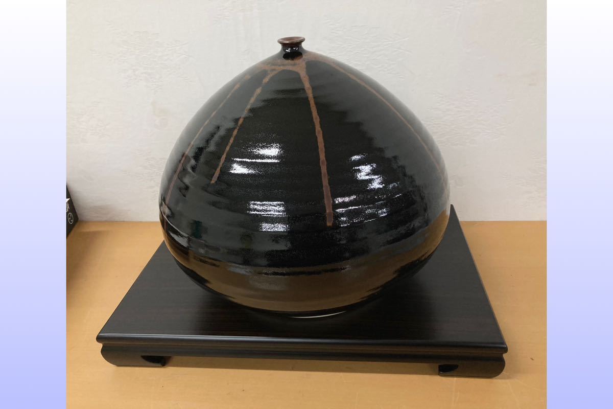 堀) 飾り壺 花台セット 黒陶器 黒丹 陶器 壷 壺 陶器 花器 花瓶 和 モダン 花台 木目 黒 焦茶 インテリア ダークブラウン (231214 9-2)拍卖