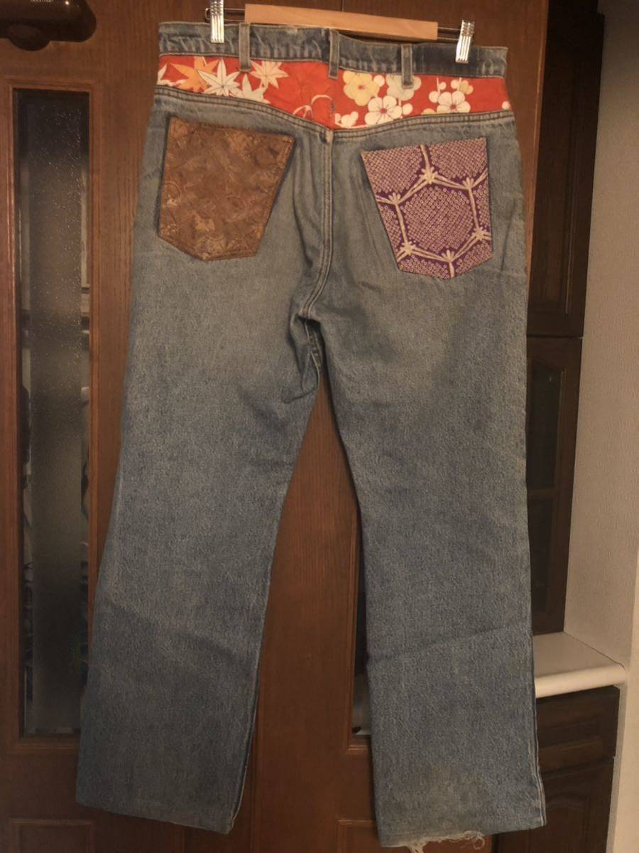 リメイク和柄ハンドメイド90㎝メンズデニム ビンテージジーンズリーバイUSAジーンズ LEVIS デニム リーバイス 拍卖