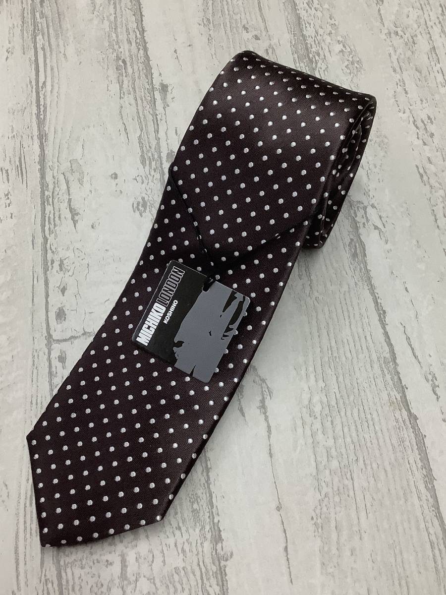 新品未使用 ミチコロンドン 日本製ネクタイ お買い得 極上のコゲ茶色のドット柄 拍卖