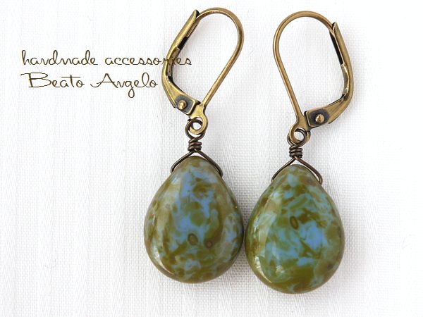 ◆◆+angelo+チェコ 洋梨ドロップのピアス(p-042)オペークブルーピカソ AG 秋冬 シンプル アンティーク フレンチフック拍卖