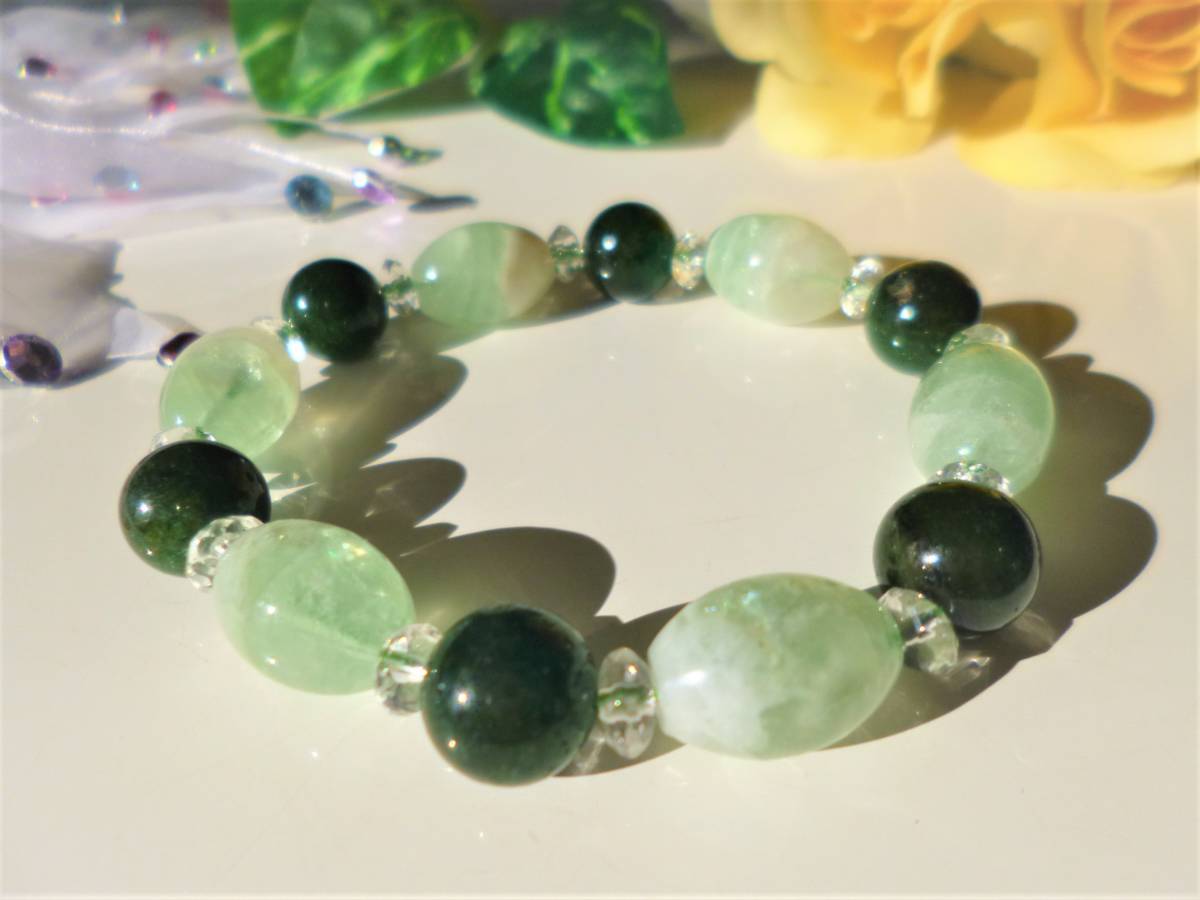 ☆心と体の癒し☆リラクゼーション効果☆グリーンフローライトクォーツ☆ヒマラヤアベンチュリン☆カットクリスタルボタン☆16cm☆拍卖