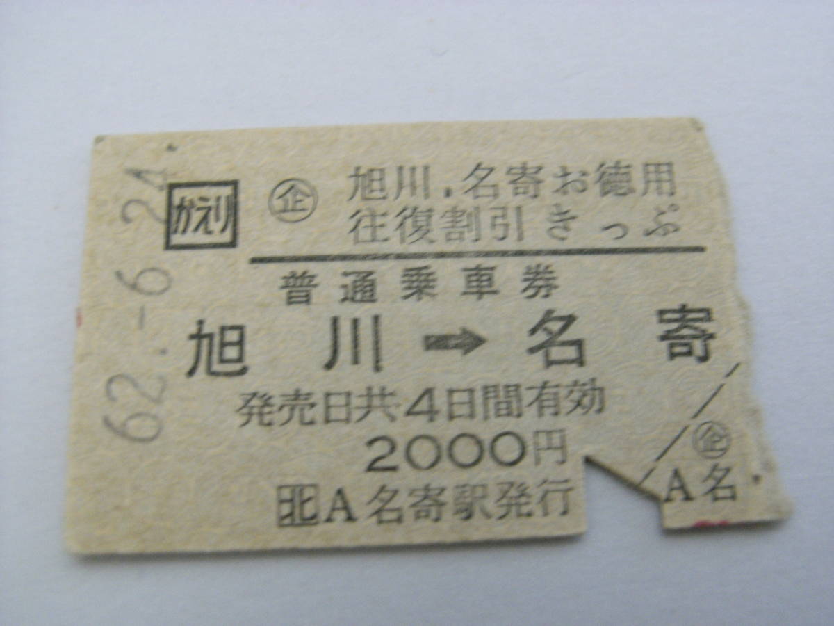 企 旭川,名寄お徳用往復割引きっぷ 旭川→名寄 昭和62年6月24日 名寄駅発行 JR北海道拍卖