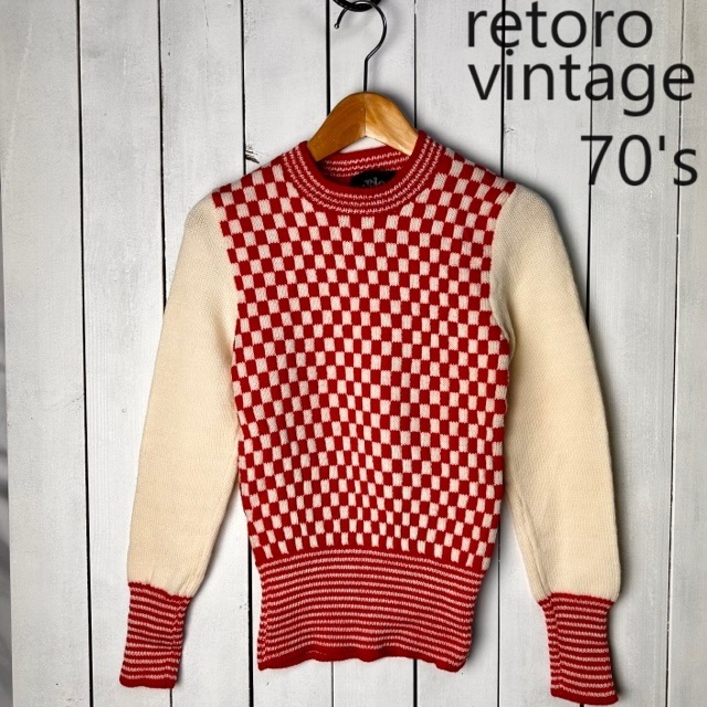 昭和レトロ古着 70s チェッカーフラッグ柄切替 ジャガードニットセーター 白×赤 XS キッズ オールド ヴィンテージ 市松模様 ガールズ●226拍卖