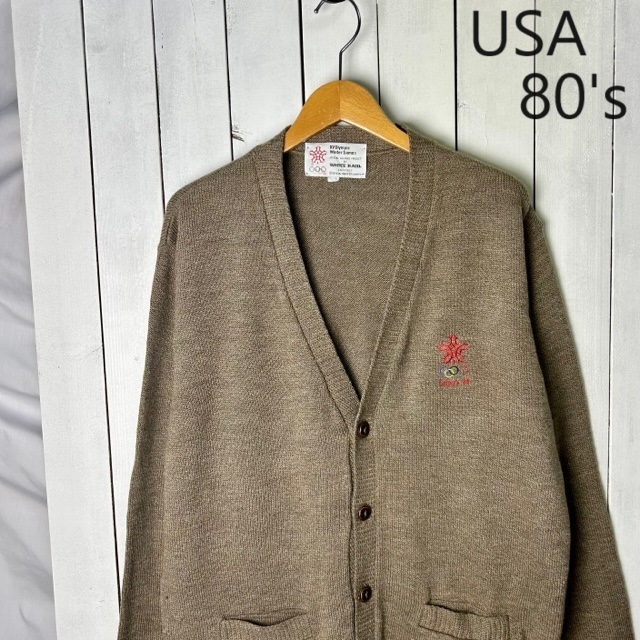 USA古着 80s カルガリーオリンピック アクリル・ウールニットカーディガン XL 薄茶 オールド ヴィンテージ アメリカ古着 オフィシャル●230拍卖