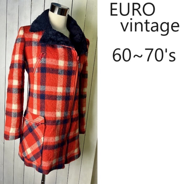 ヨーロッパ古着 60s~70s チェック ダブルジップウールコート S~M程度 オールド ヴィンテージ フランス ユーロ 赤系 ボア襟 Aライン●148拍卖