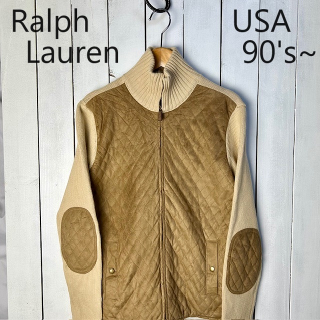 USA古着 90s~00s Ralph Lauren キルティングピーチスキン切替え ジップニットセーター S~M ラルフローレン オールド アメリカ古着 ●251拍卖