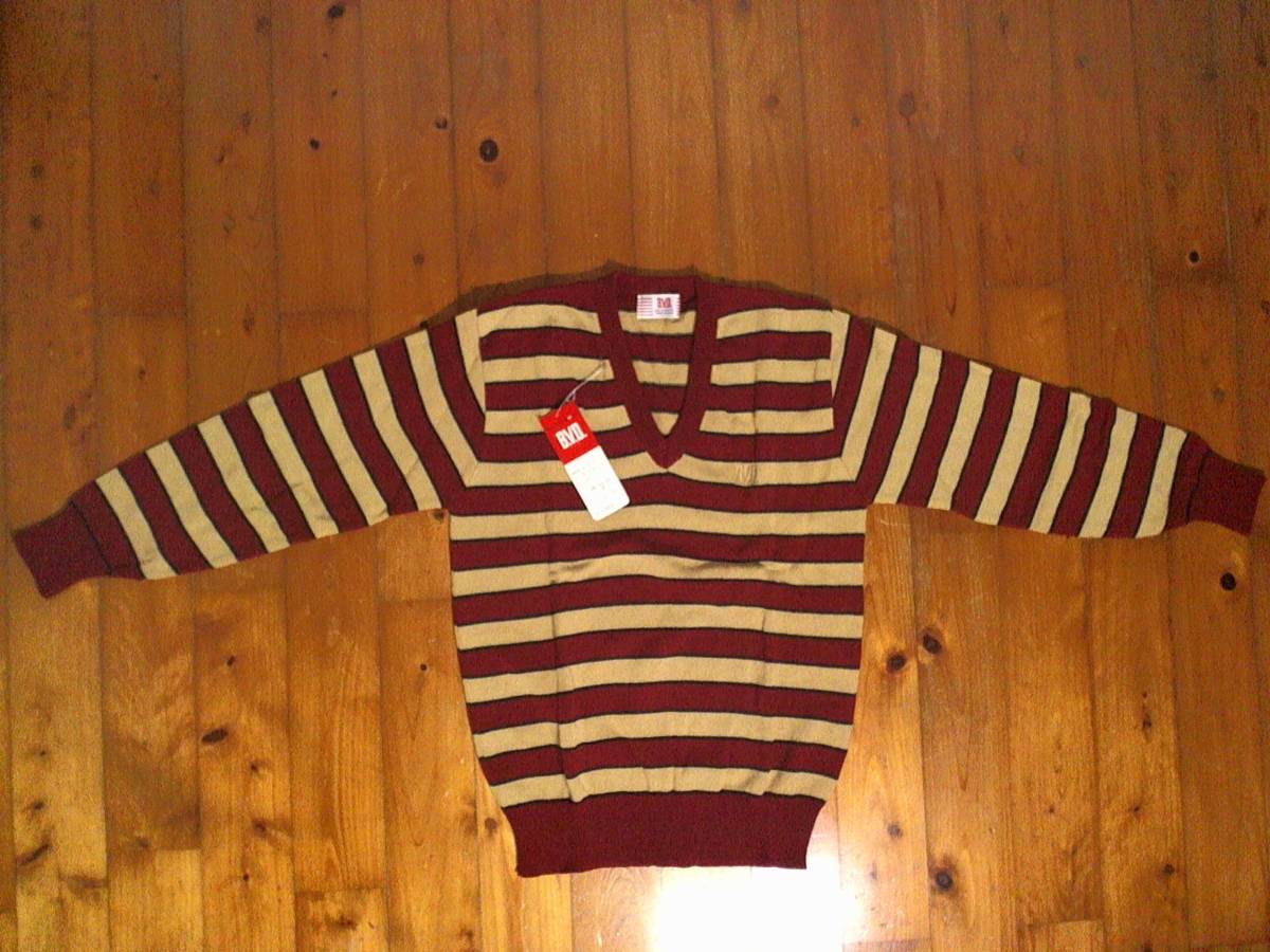 ☆新品・未使用・デッドストック・レトロ・国産☆ディーブイディー【B.V.D】毛&アクリルニット Vネックセーター ボーダー M エンジ 黄土拍卖
