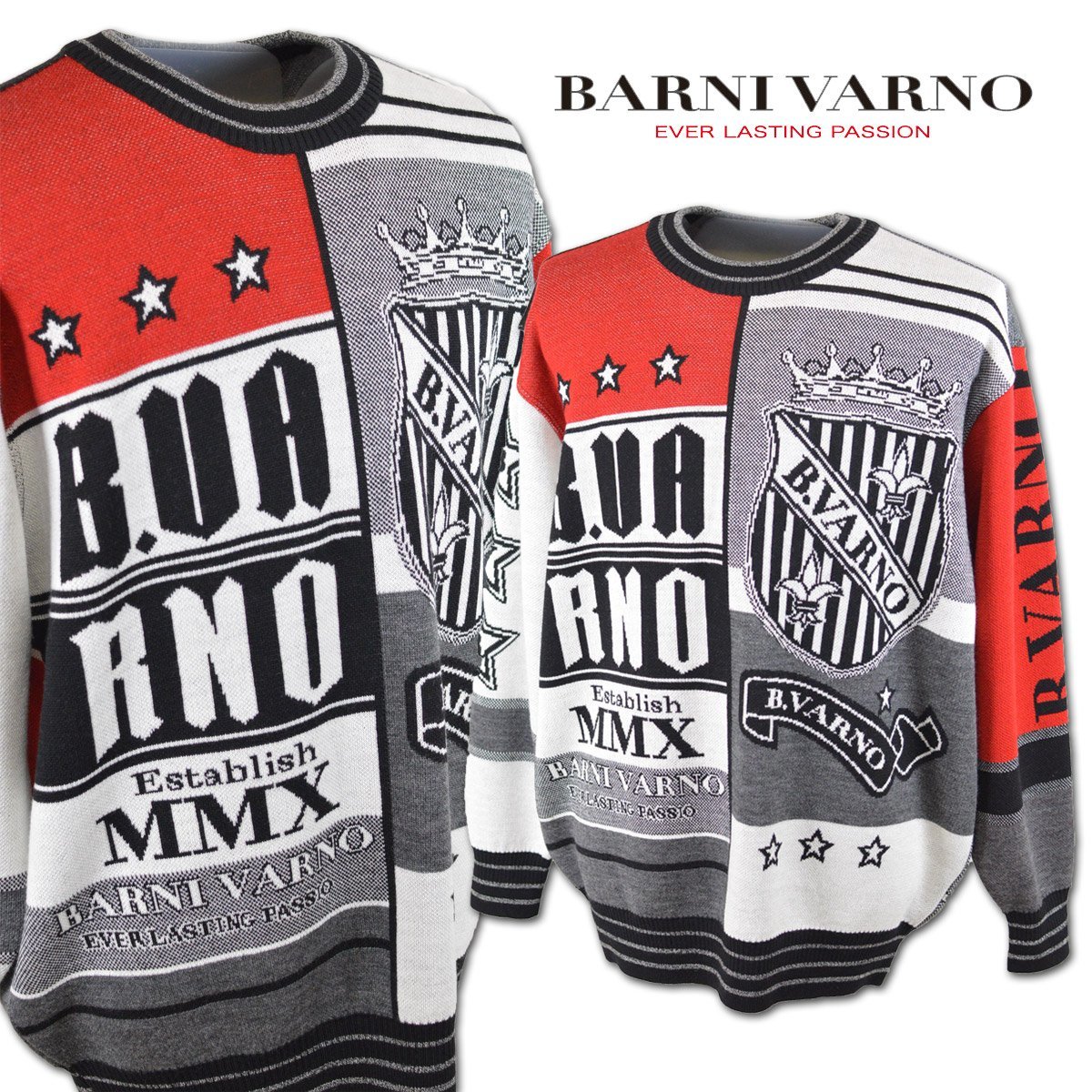 3割引【バーニヴァーノ】メンズ セーター LL 白×黒×赤 MSW4818-09 BARNI VARNO カジュアル かっこいい おしゃれ 大きいサイズ @拍卖