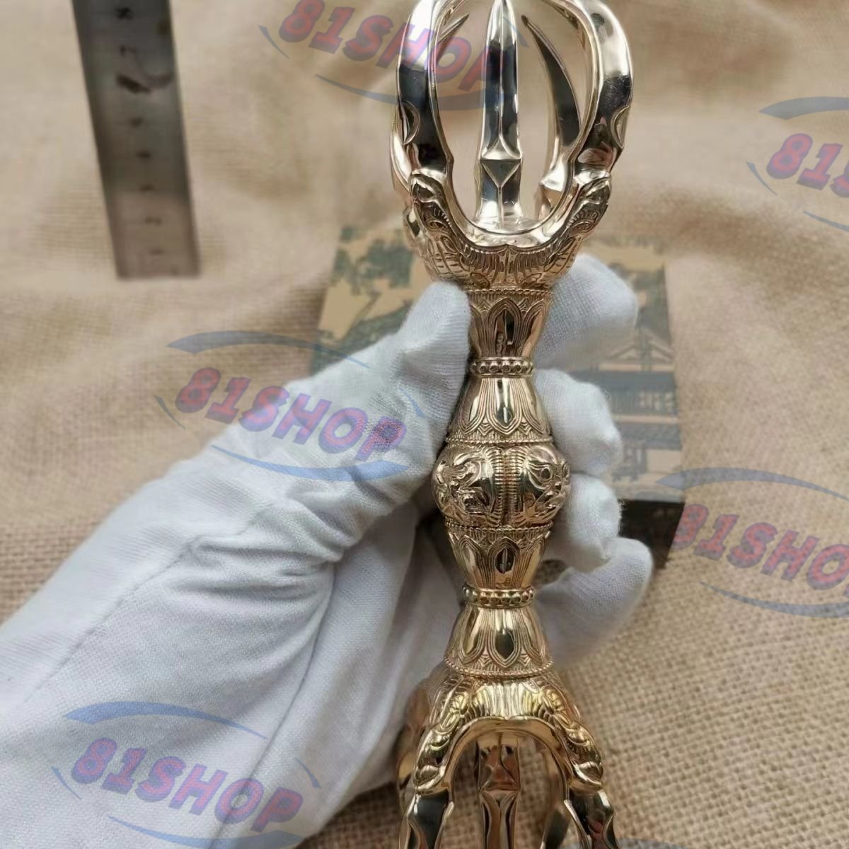 「81SHOP」極上品 「寺院仏具 密教法具」真言宗 鬼面型 五鈷杵 真鍮製磨き仕上げ 16cm拍卖