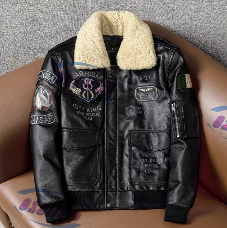 「81SHOP」強化版牛革 レザージャケット 革ジャン フライトジャケット 本革刺繍 コート メンズファッション 中綿 空軍 ウール防寒服 S~6XL拍卖