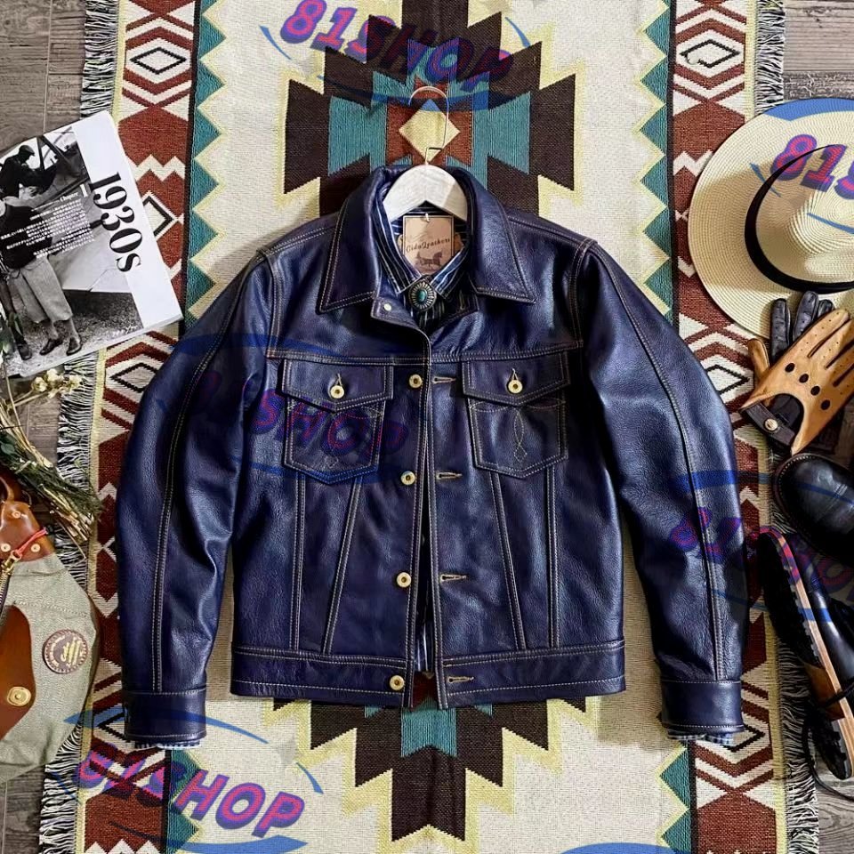 メンズ 革ジャン 牛革 ライダース レザージャケット バイクウエア ブルゾン 本革 ブルー拍卖