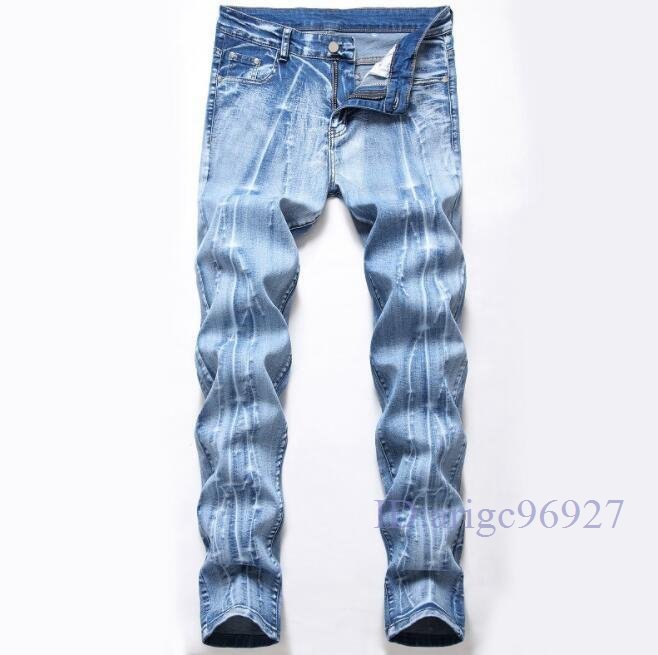 Q872☆新品ジーンズ メンズ デニムパンツ ジーパン ストレッチ ロング丈 ウォッシュ ボトムスダメージ加工売れ筋w28~w42ライトブルー拍卖