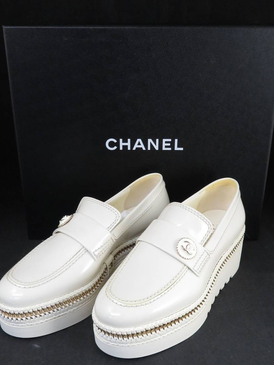 未使用 CHANEL シャネル ココマーク 21AW レザー ローファー 36C レディース ホワイト G37671拍卖