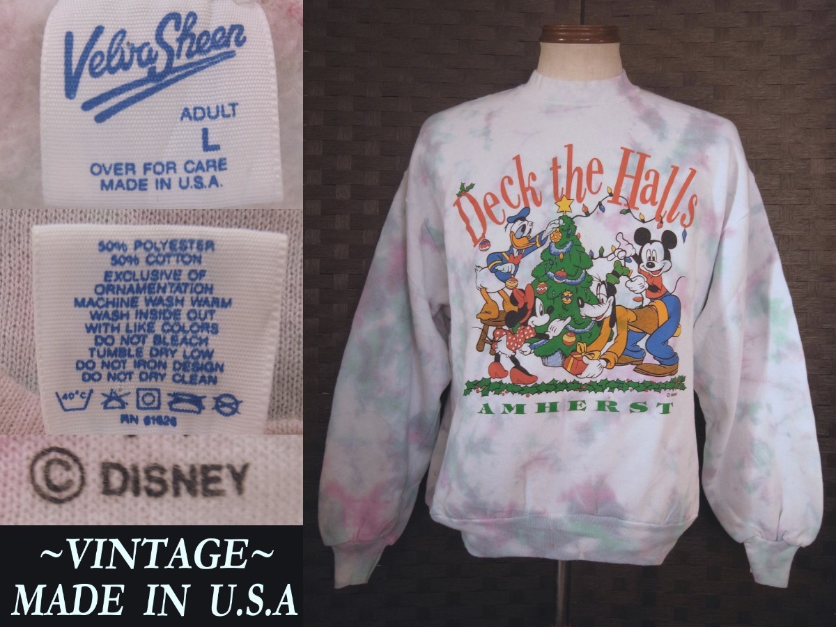 70s 80sビンテージ MICKEY ミニー DISNEY グーフィー DonaldドナルドVelvaSheen ボディーDeck the Halls クリスマス sweat タイダイ 拍卖