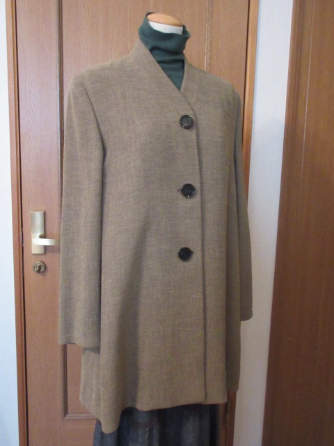 P)■日本製■【SUN reve】■麻の質感/ポリレーヨン■ハイネック/飽きのこないシンプルデザイン!■特大ボタン■お洒落なコートジャケット拍卖