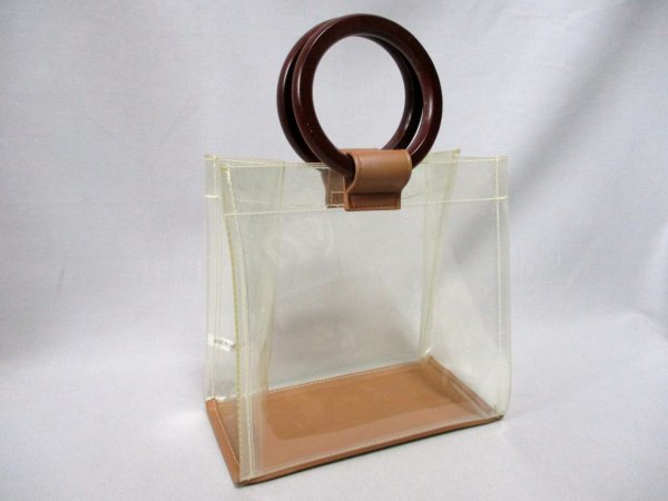 【P400】クリアトートバッグ PVC◇持ち手 天然木 W20.5cm拍卖