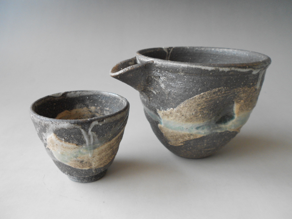 酒器! ☆窯変刷毛目流し酒器セット☆ 48043-431 新品 ぐい呑 杯 盃 徳利 片口 酒注ぎ ギフト拍卖