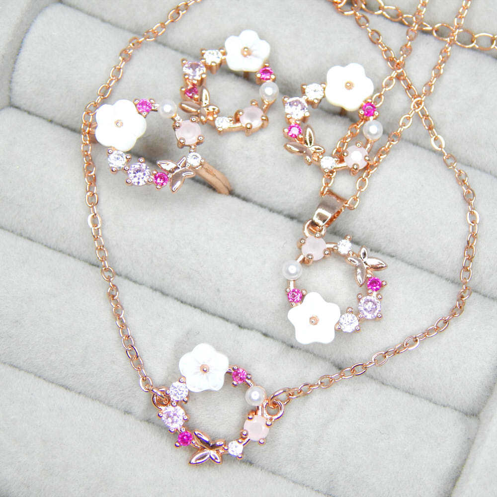 新品★送料無料 一輪桜 CZダイヤモンドネックレス&ピアス&リング&ブレスレット ピンクゴールド レディースアクセサリー ジルコニア拍卖