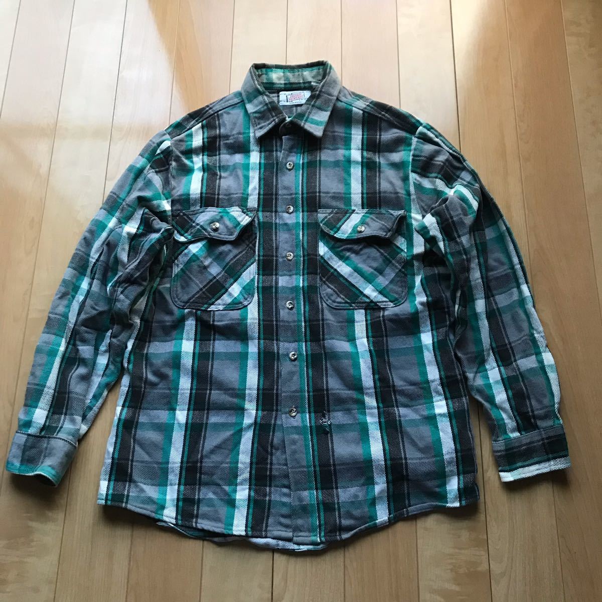80's USA製 プライベートプロパティ ネルシャツ 120-1-19 メンズ L グリーン ブラック グレー ホワイト チェック拍卖