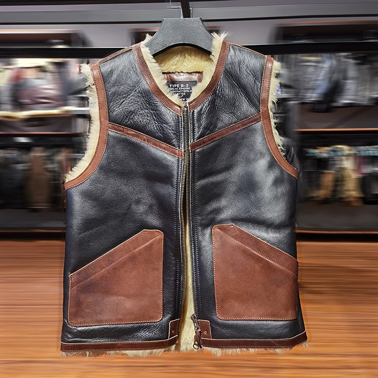 レザーベスト 本革 毛皮一体 羊革+馬革 シープスキン+ホースハイド 茶芯 天然革 男女兼用 メンズファッション ベスト M~3XL拍卖