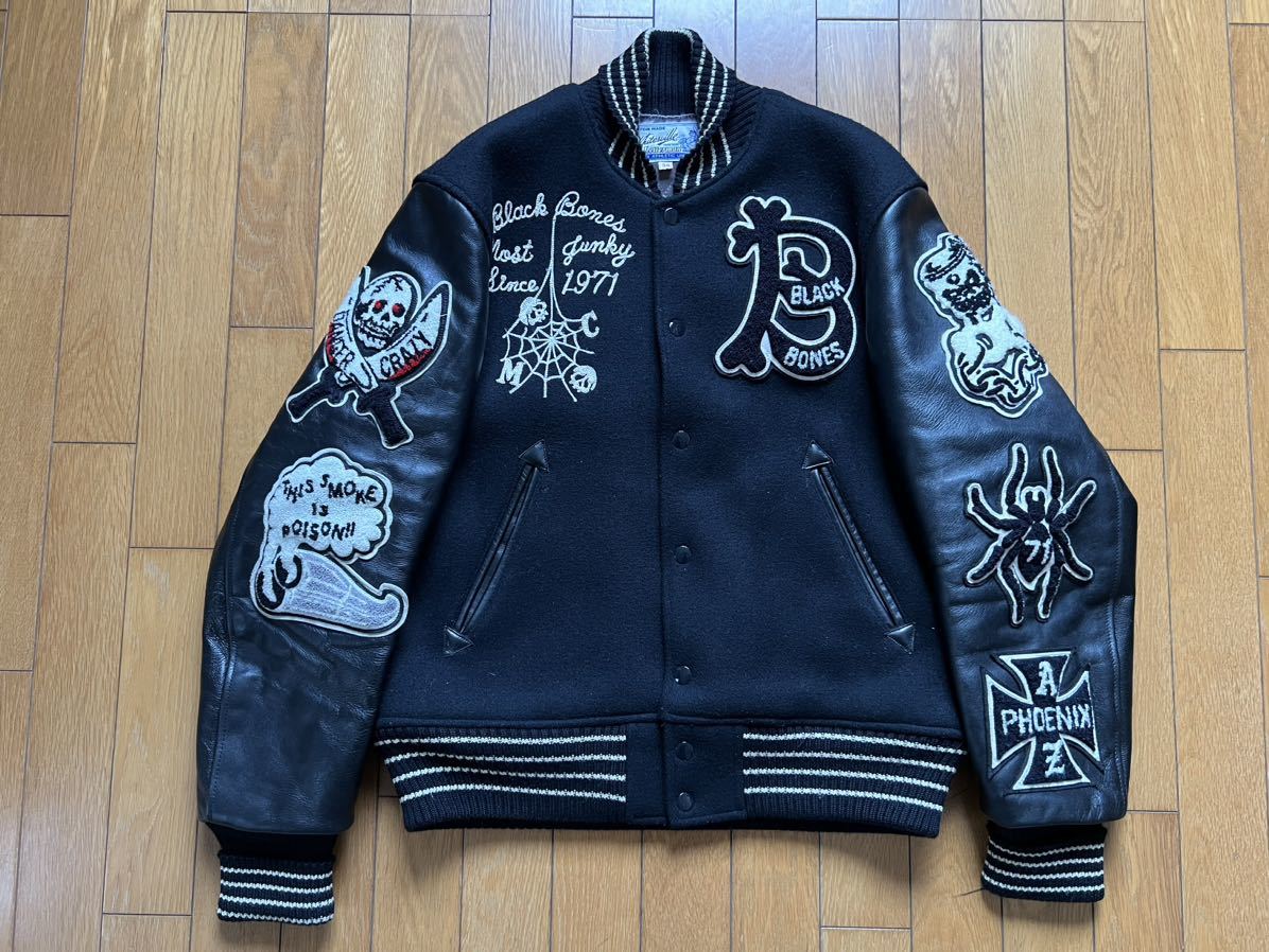 希少 超美品 ホワイツビル 袖革フルデコ スタジャン アワードジャケットBLACK BONES PHOENIX 38拍卖