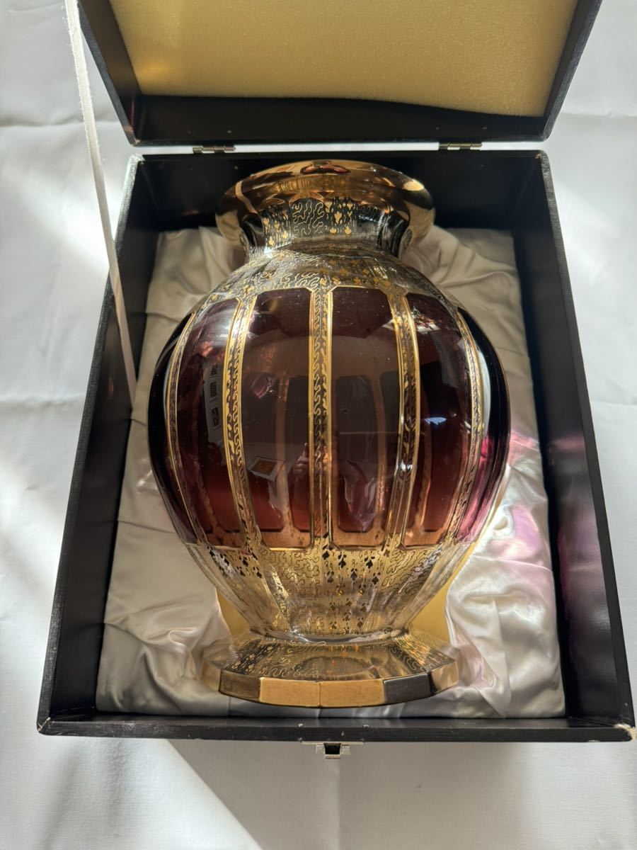 【希少】ボヘミアングラス パネルドグラス 花器 フラワーベース 花瓶 金彩 ガラス工芸 パープル 紫 検 バカラ アンティーク拍卖