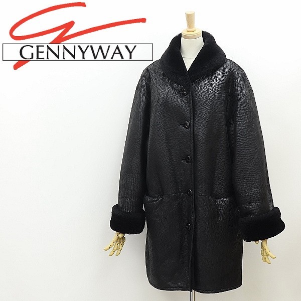 イタリア製◆GENNYWAY ジェニーウェイ パイソン型押し ムートン コート 黒 ブラック 40拍卖
