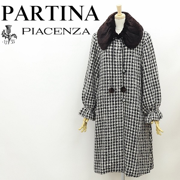 ◆PARTINA パルティーナ×ピアチェンツァ シェアードミンクファー×カシゴラ チェック柄 黒 ブラック×オフホワイト 38拍卖